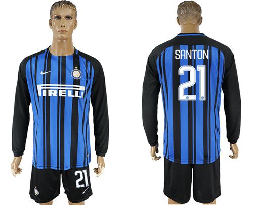 Inter Milan #21 Santon Home Long Sleeves Soccer Club Jersey